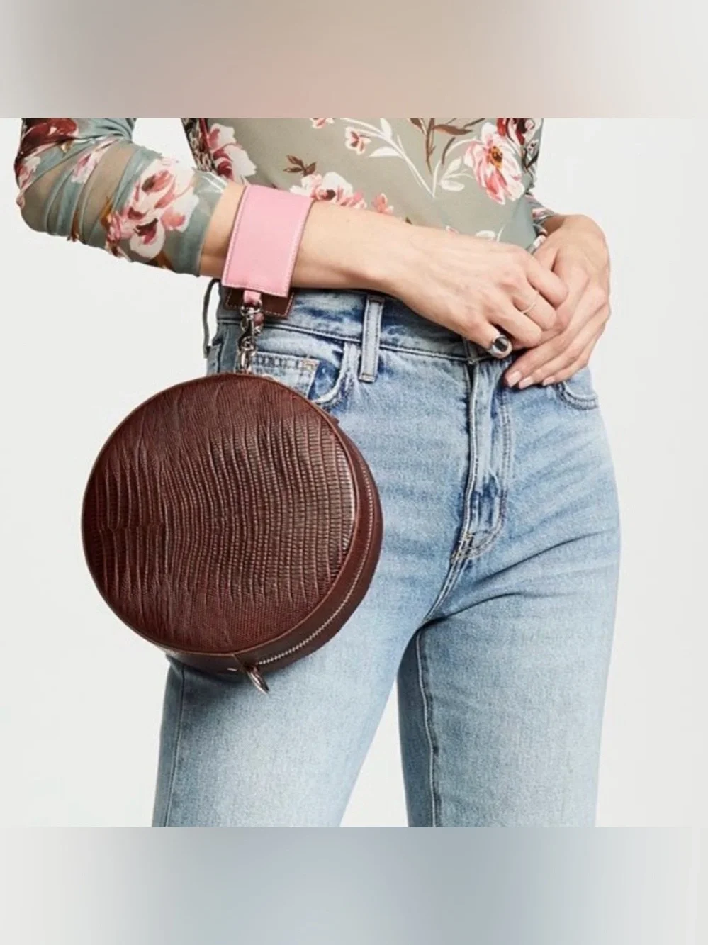 Little Liffner Croc-Embossed Leather Tambourine Circular Crossbody Cognac Brown